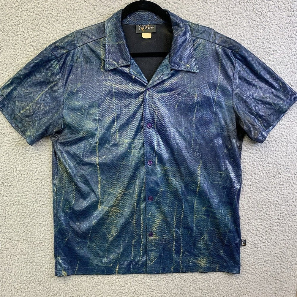 Pop Icon Vintage Blue Snakeskin Club Shirt Rave Techno Mens Sz Large Shiny‎ 90's